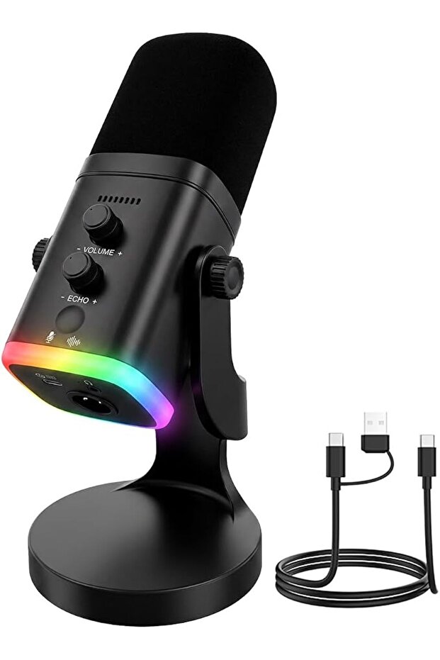 ميكروفون ديناميكي USB C/XLR مع إضاءة RGB وحامل مكتبي