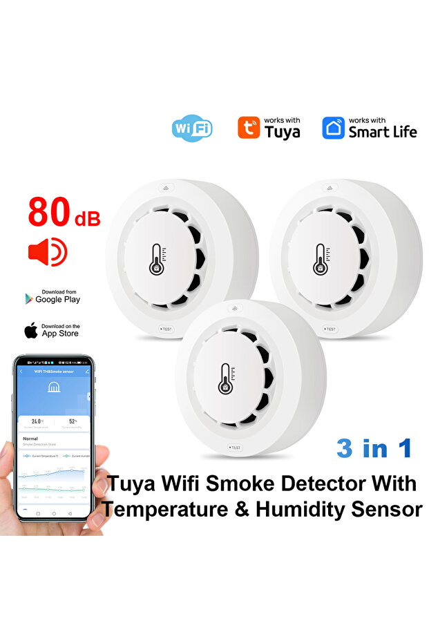 3pcs Tuya Wifi BT Two Connection Smoke Detector Temperature Humidity Measurement Device 80dB Sound A