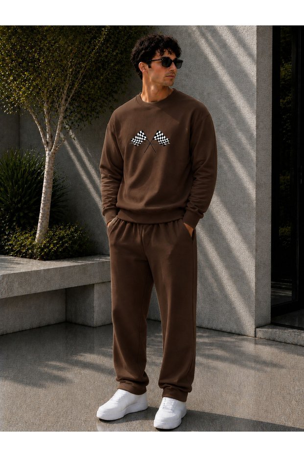 Men's Street Style Minimalist Cross Flag Graphic Printed Crew Neck Regular Fit Men's Tracksuit Set /Straight Leg Bottom