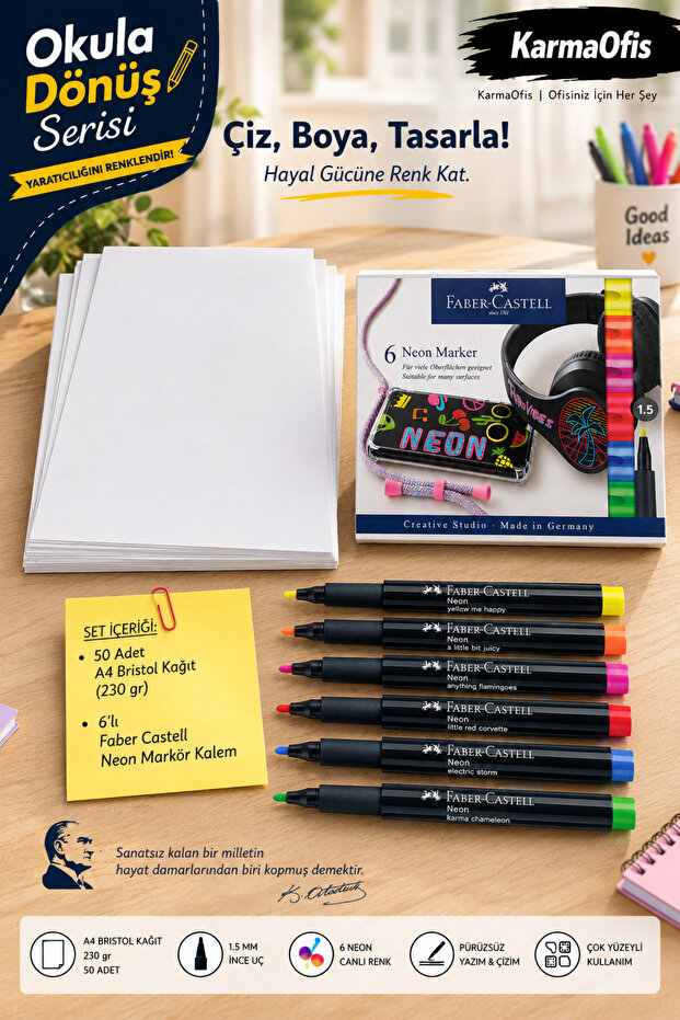 Faber-Castell 6-Pack Neon Marker Pen + 50 Pieces of 230 Gr Bristol Paper A4 Optional Set