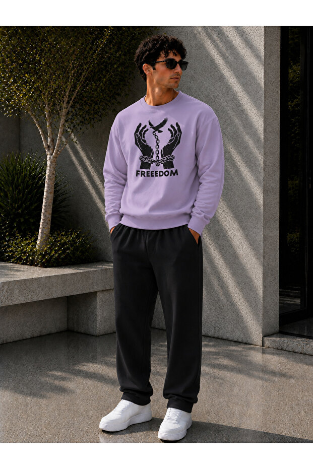 Men's Freedom Printed Crew Neck Regular Fit Men's Tracksuit Set / Straight Leg Bottom