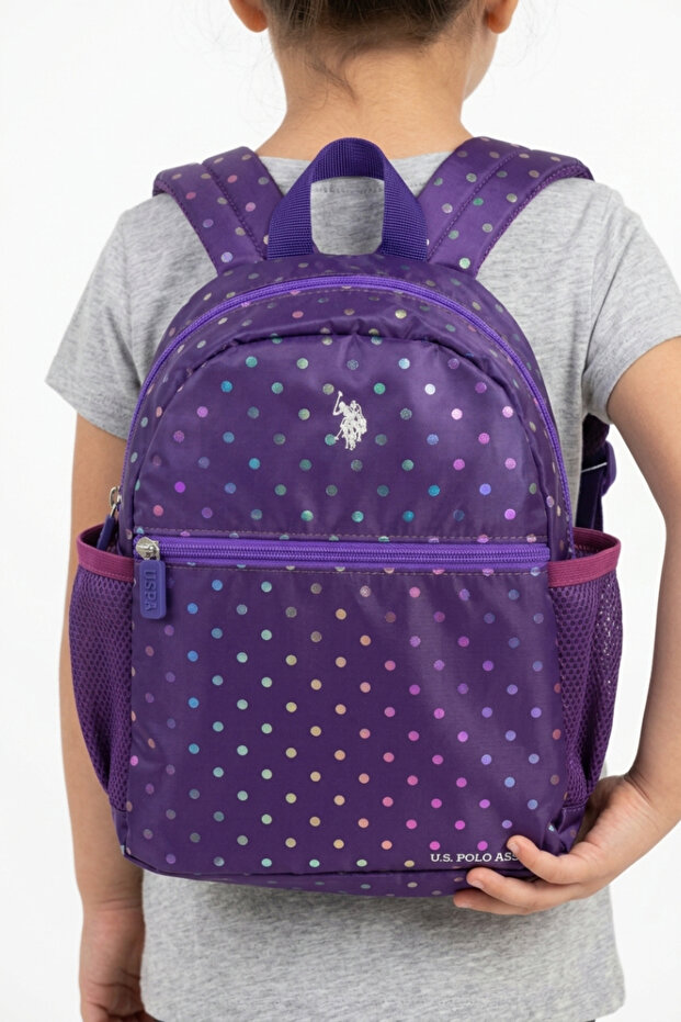 U.S Polo Children's Backpack Purple Polka Dot Zippered Multi-Compartment Mesh Pocket Lightweight School Bag Plcan 26131