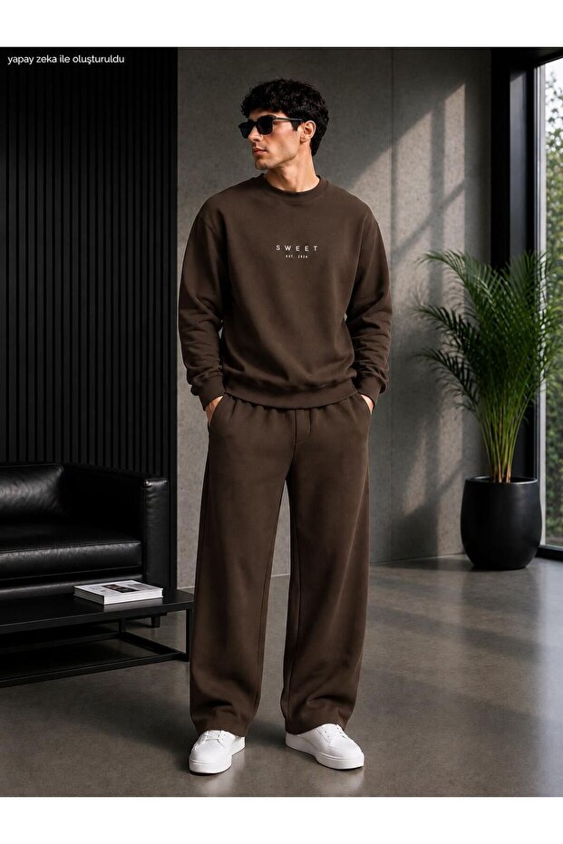 Men's Sweet Minimal Typography Printed Crew Neck Regular Fit Men's Tracksuit Set /Straight Leg Bottom