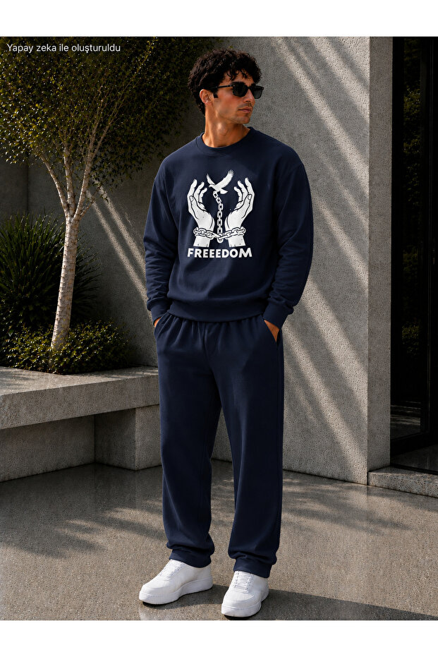 Men's Freedom Printed Crew Neck Regular Fit Men's Tracksuit Set / Straight Leg Bottom