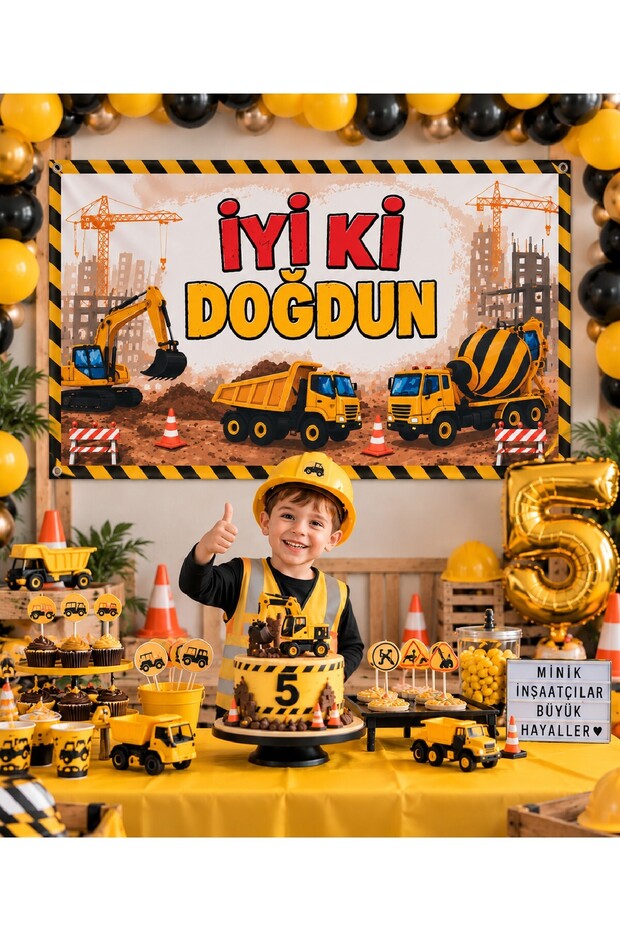 Construction Themed Birthday Vinyl Backdrop | Happy Birthday | Children's Party Decoration Birthday Party Set Ornament