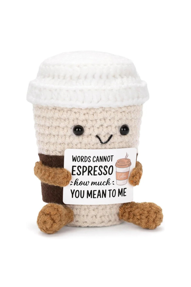 B Funny Crochet Emotional Support Coffee Doll With Card Desktop Ornament Handmade Knitted Coffee Dol