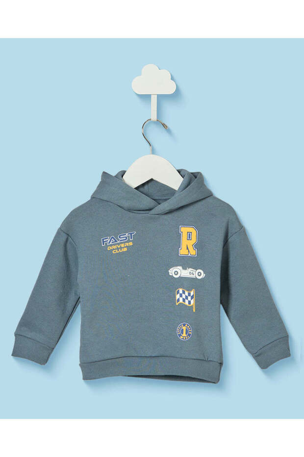 Infant Boys Blue Printed Hooded Sweatshirt