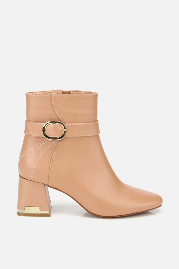 Woman's pink buckled thick heeled boots