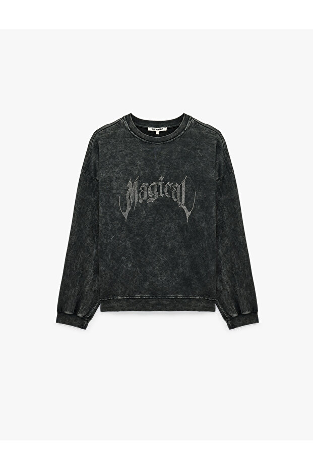 Comfortable Fit Washed Effect Long Sleeve Crew Neck Stoned Sweatshirt