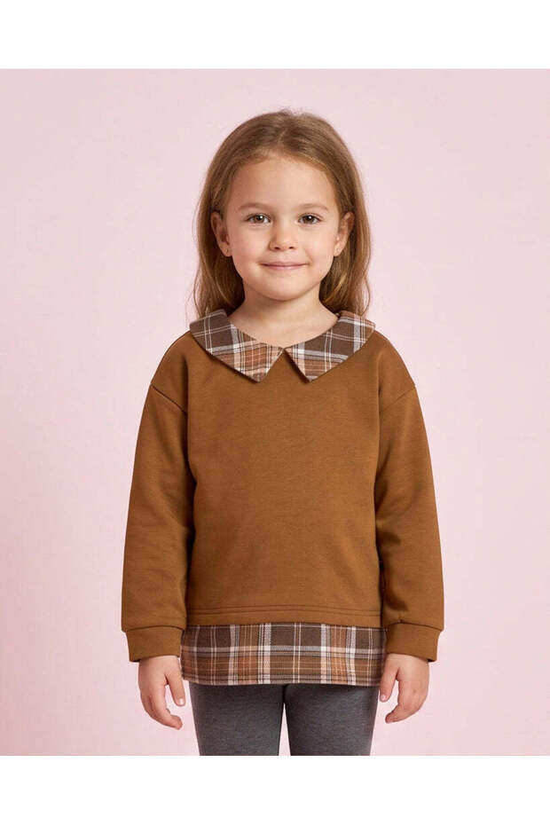 Girls Brown With Checked Collar Sweatshirt