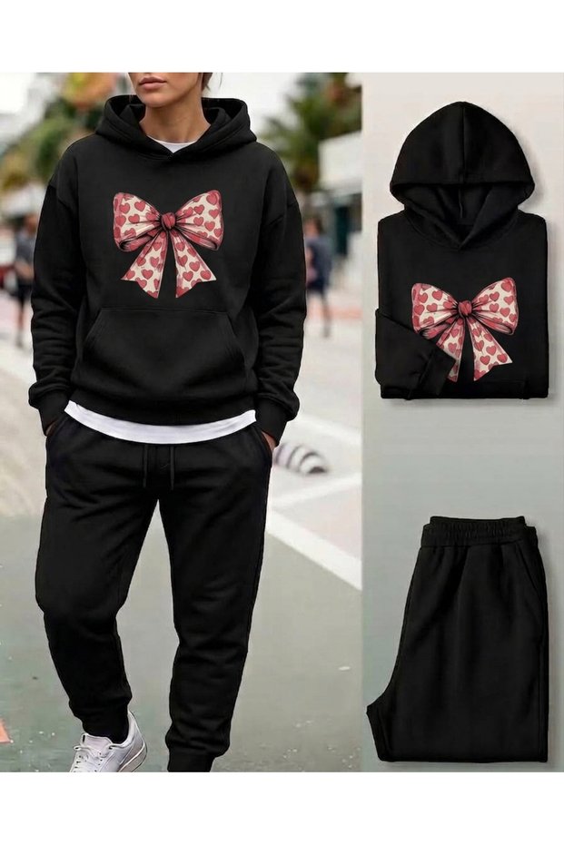 Women's Heart Bow Printed Hooded Tracksuit Set Oversize