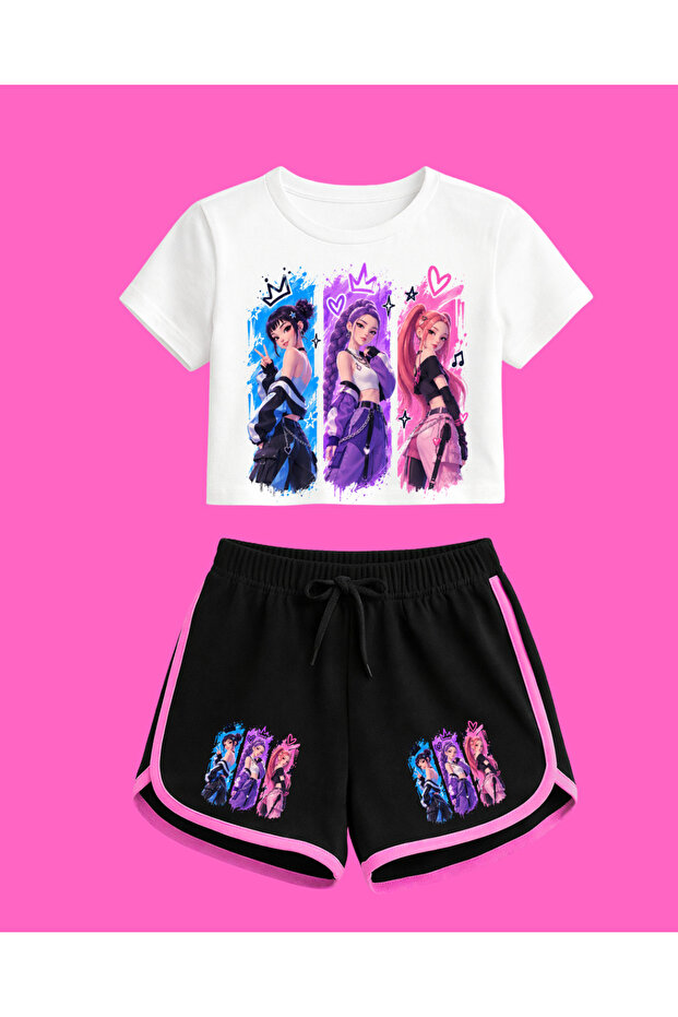 Colorful 3 Girls Printed Crop Shorts Set Children's Combination Set