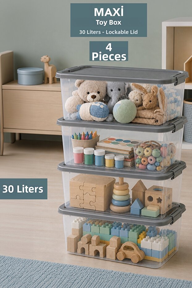 4-Piece Toy Organizing Box - Storage Box with Locking Lid, Baby Room Organizer, 30Lt Gray