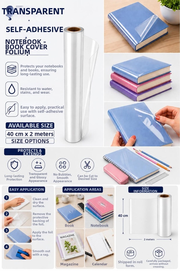Transparent Self-Adhesive Notebook Covering Film 40 cm X 2 Meters