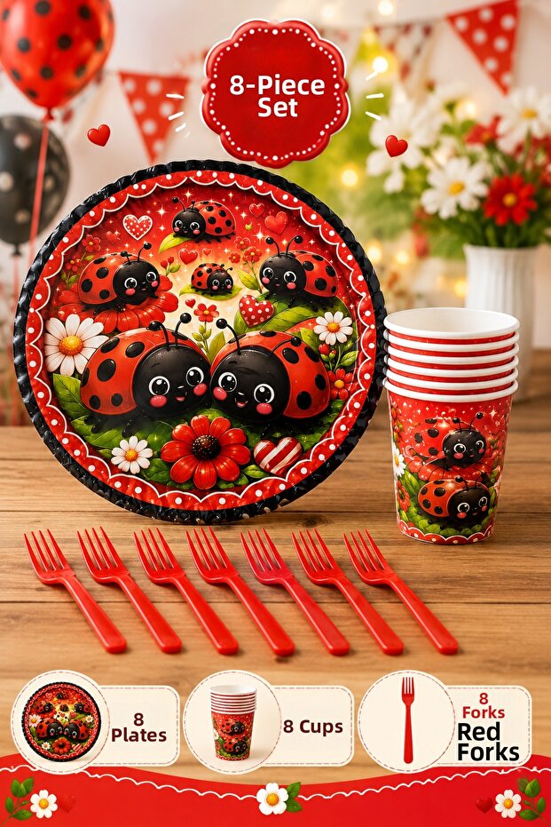 Ladybug Themed Birthday Party Set for 8 People, 24 Pieces, Cardboard Plates, Cups, Red Forks