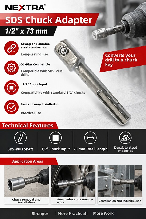 1/2" X 73 mm Sds Socket Adapter Drill Screwdriver Nut Removal Inserting Socket Bit