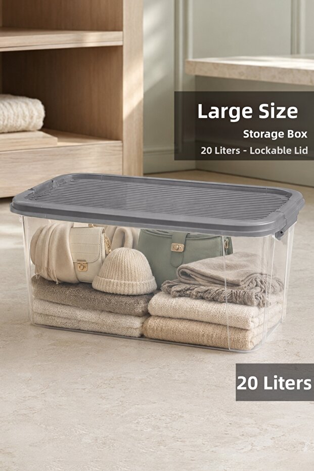 20Lt Lockable Lid Storage Box - Elora In-Cabinet Organizer Box Multi-Purpose Organizer Gray