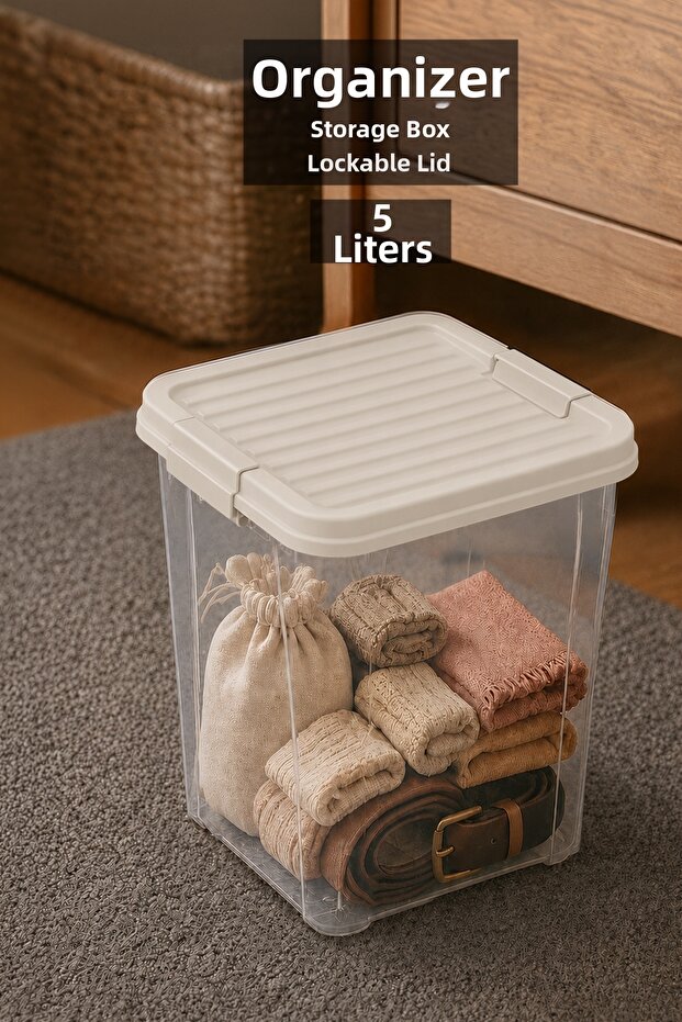 5Lt Lockable Lid Organizer Box - Deep Elora Organizer Storage Box for Inside the Cabinet Beige