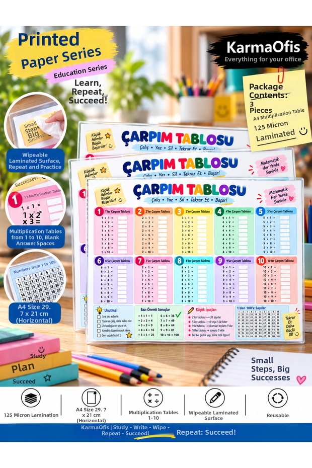 Multiplication Table A4 Laminated Erasable Educational Study Chart 125 Micron – 3 Pieces