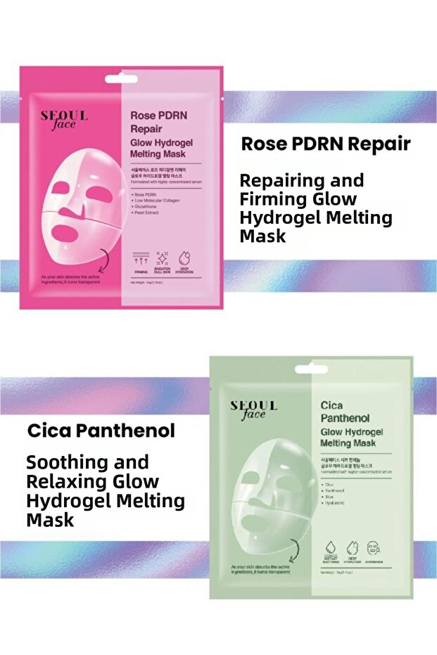 Seoul Face Gül Rose Pdrn Repairing Glow Hydrogel Mask and Cica Melting Mask