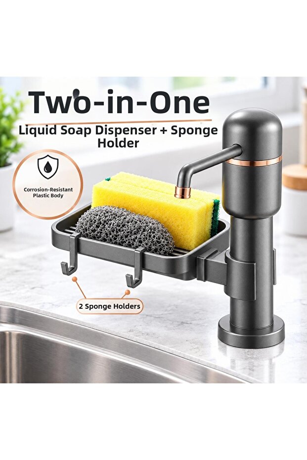 2-in-1 Black Kitchen Liquid Soap Dispenser and Sponge Holder Set Countertop Pump Dispenser 360 °