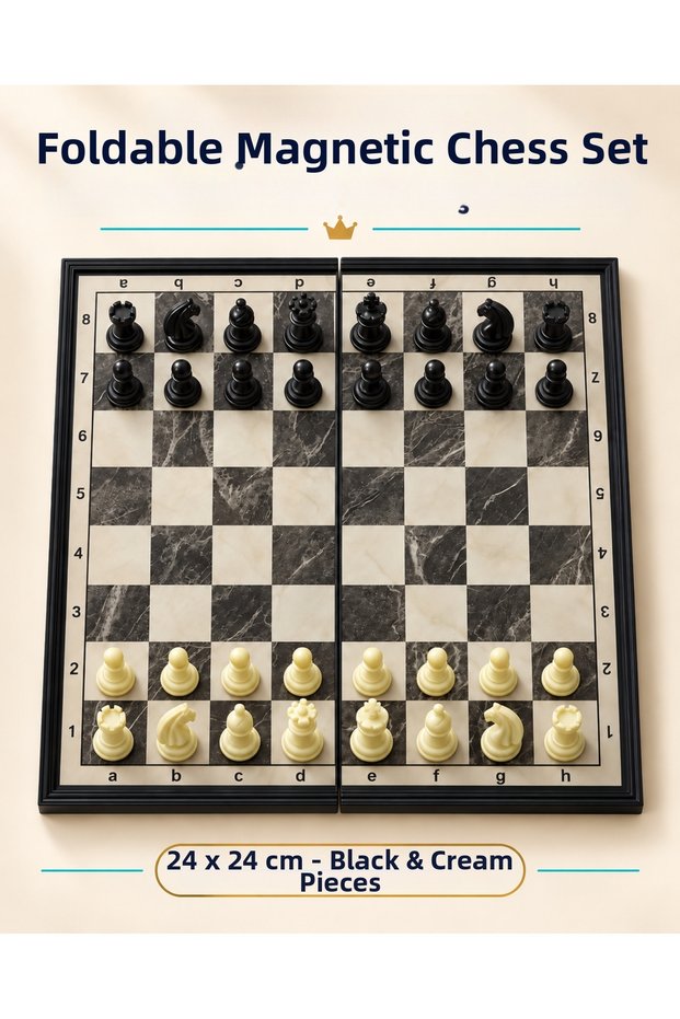 24X24 cm Foldable Magnetic Chess Set with Black Cream Stones Travel Game