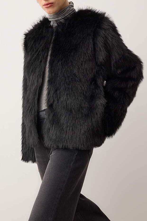 Siyah Oversize Kalıp Kürk Mont TWOAW25MO00133