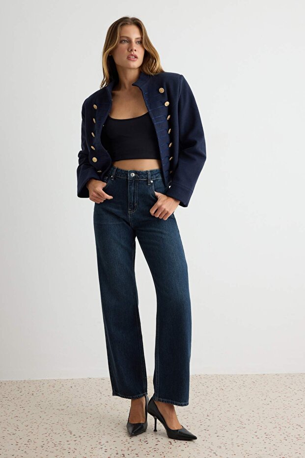 Premium Koyu Mavi Tencel Karışımlı Yüksek Bel Straight Jeans TWOAW27JE00200