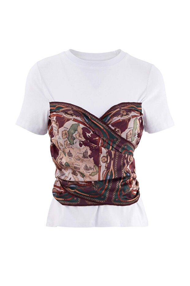 Ekru Pamuklu Desenli Bağlama Detaylı Regular Kalıp Örme T-Shirt TWOAW27TS00077