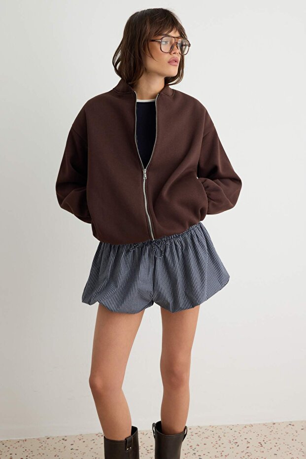 Koyu Kahverengi Fermuarlı Oversize Kalın İçi Polarlı Örme Hırka/Sweatshirt TWOAW25SW00122