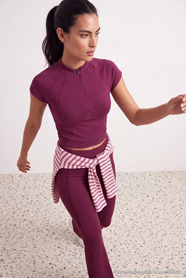 Vişne Fermuarlı Dalgıç/Scuba Kumaş Crop Örme Spor Üst/Bluz THMAW27BZ00003