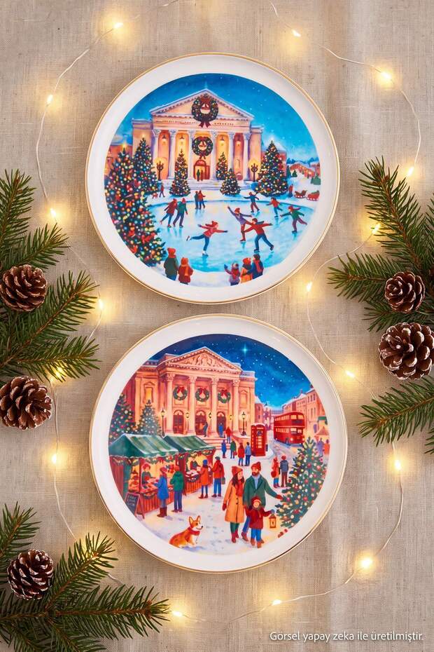 2'li Yılbaşı Konseptli Gold Detaylı Kartpostal Tabak Seti New Bone China Porselen TPHAW27TBK00057