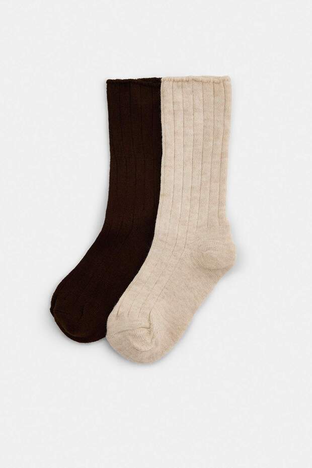 Ecru-Brown 2-Piece Plain Jacquard Knitted Socks Thmaw27Co00024