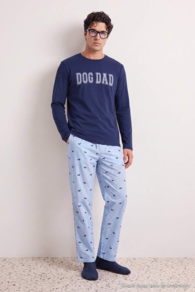 Lacivert Regular Köpek Baskılı %100 Pamuk Örme Pijama Takımı TMNAW27PT00041