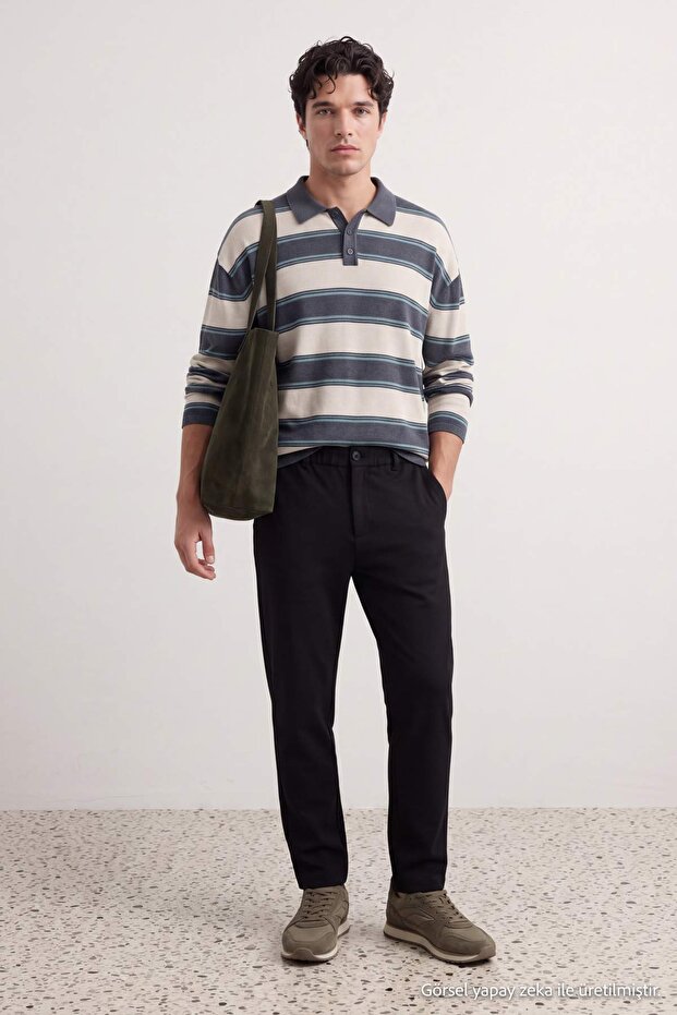 Siyah Beli Lastikli Esnek Kumaş Dar Paça Likralı Slim Fit Örme Erkek Pantolon TMNAW27PL00012