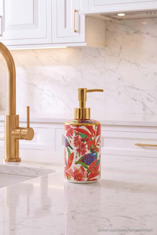 Floral Patterned Gold Detailed Porcelain Liquid Soap Dispenser Tdraw27Sbn00002