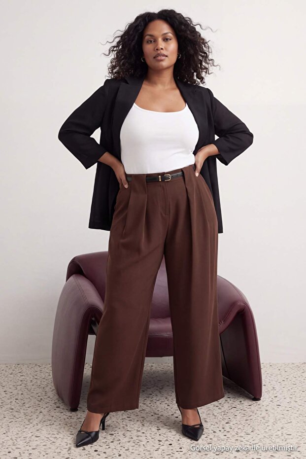 Kahverengi Siyah Kemerli Wide Leg Büyük Beden Pantolon TBBAW27AR00021