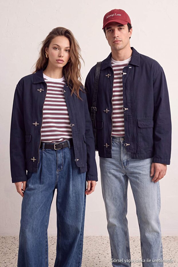 Lacivert Önü Aksesuarlı Cepli Erkek Denim Ceket TMNAW27CE00004