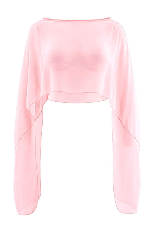 Powder Asymmetric Cut Unlined Chiffon Cape Party Woven Plus Size Blouse Tbbss26Af00313