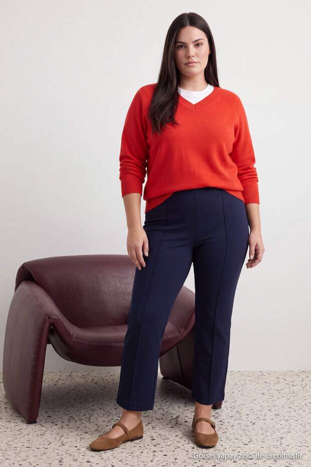 Lacivert Esnek Gabardin Nervürlü Wide Leg Büyük Beden Pantolon TBBAW27AR00018