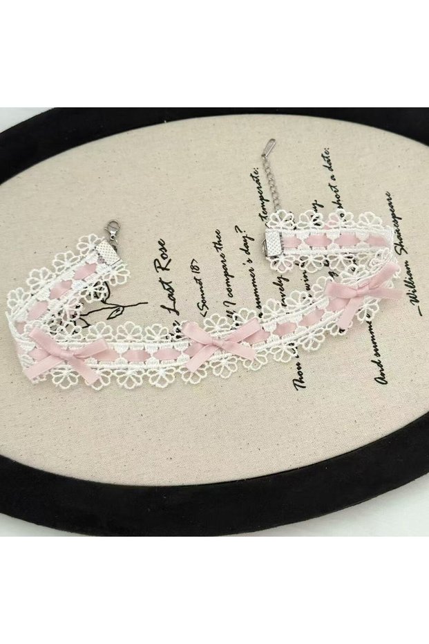 Pink Sweet pure and lustful lace mesh knitted bow Lolita necklace choker collar high-end necklace fo