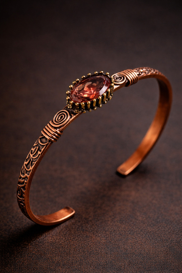 Women's Copper Bracelet with Zultanite Stone Authentic Model Handcuff Bracelet