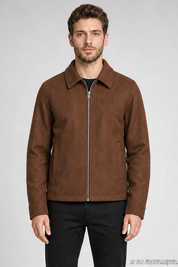 Men's Brown Classic Collar Lined Cashmere Jacket