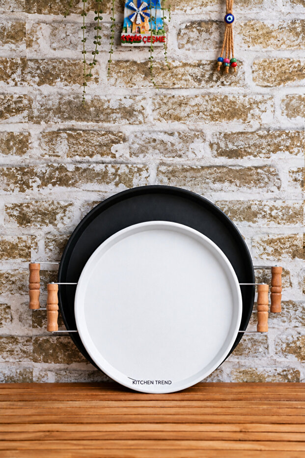 Set of 2 Wooden Handled 37 cm Black and 30 cm White Trays Tea Coffee Presentation Tray