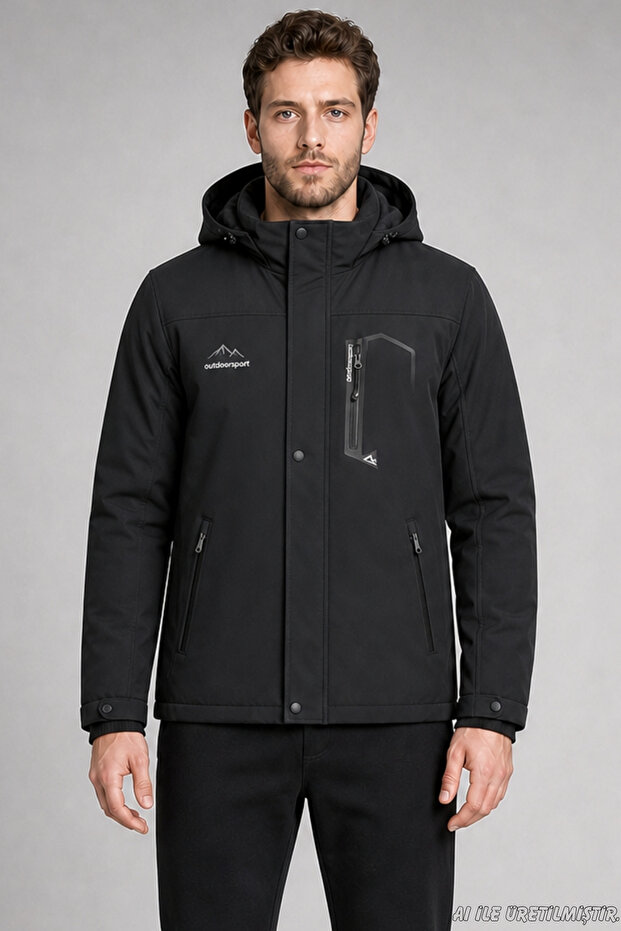 Men's Black Hooded Fur-Lined Water and Wind-Resistant Outdoor Softshell Coat