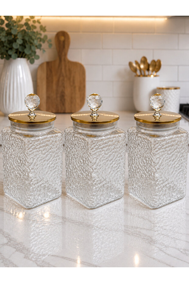 3-Piece Diamond Handle Vacuum Gold Metal Lid Prism Shape Model Ice Pattern Jar Organizer 3X1000 ml