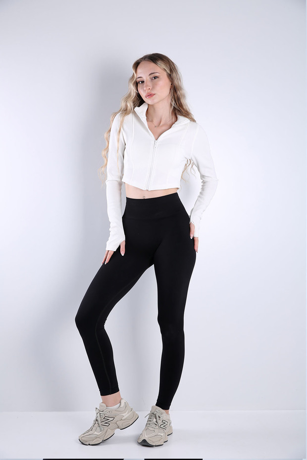 Women's Ottoman Fabric Long Sleeve Finger-Hole Zipper High Collar Crop Top