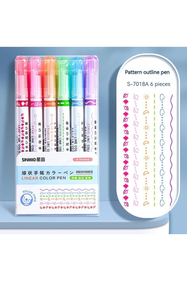 7018A-6 Colors 6Pcs/Set Flower Line Shape Highlighter Pen Roller Tip Curve Liner Marker Kawaii Korea