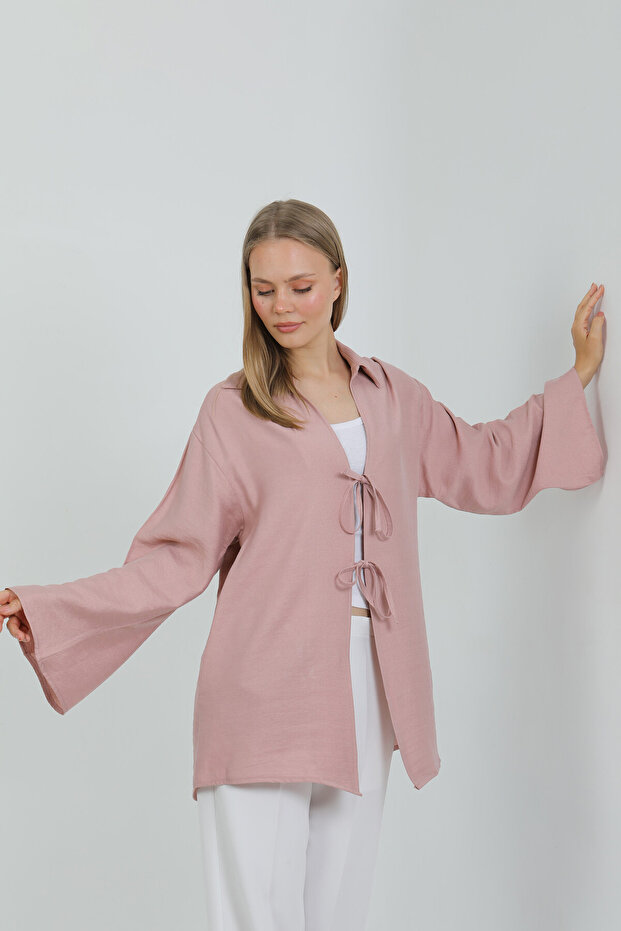 Natural Viscose Fabric Pocketed Lace-Up Women's Kimono 1167