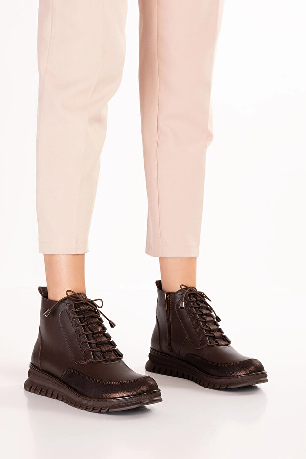 Women's Genuine Leather Rubber Laced Casual Boots Nhr.237 Brown